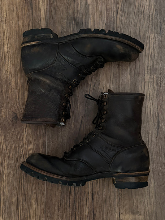 Vintage Distressed Black Leather Lace-Up Engineer Boots