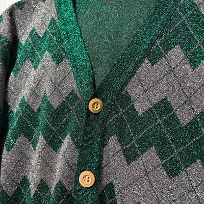 GANRYU 2012 Shiny Fabric Argyle Cardigan Green Size S