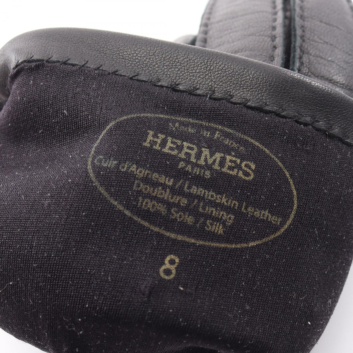 HERMES Clou de Selle Leather Gloves Black Size 8