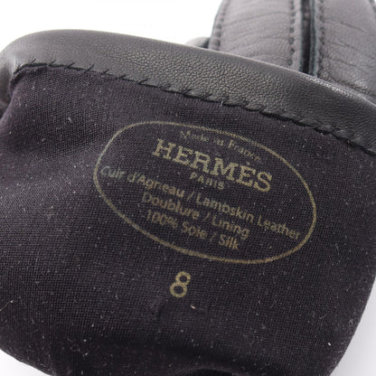 HERMES Clou de Selle Leather Gloves Black Size 8