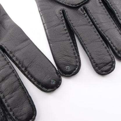 HERMES Clou de Selle Leather Gloves Black Size 8