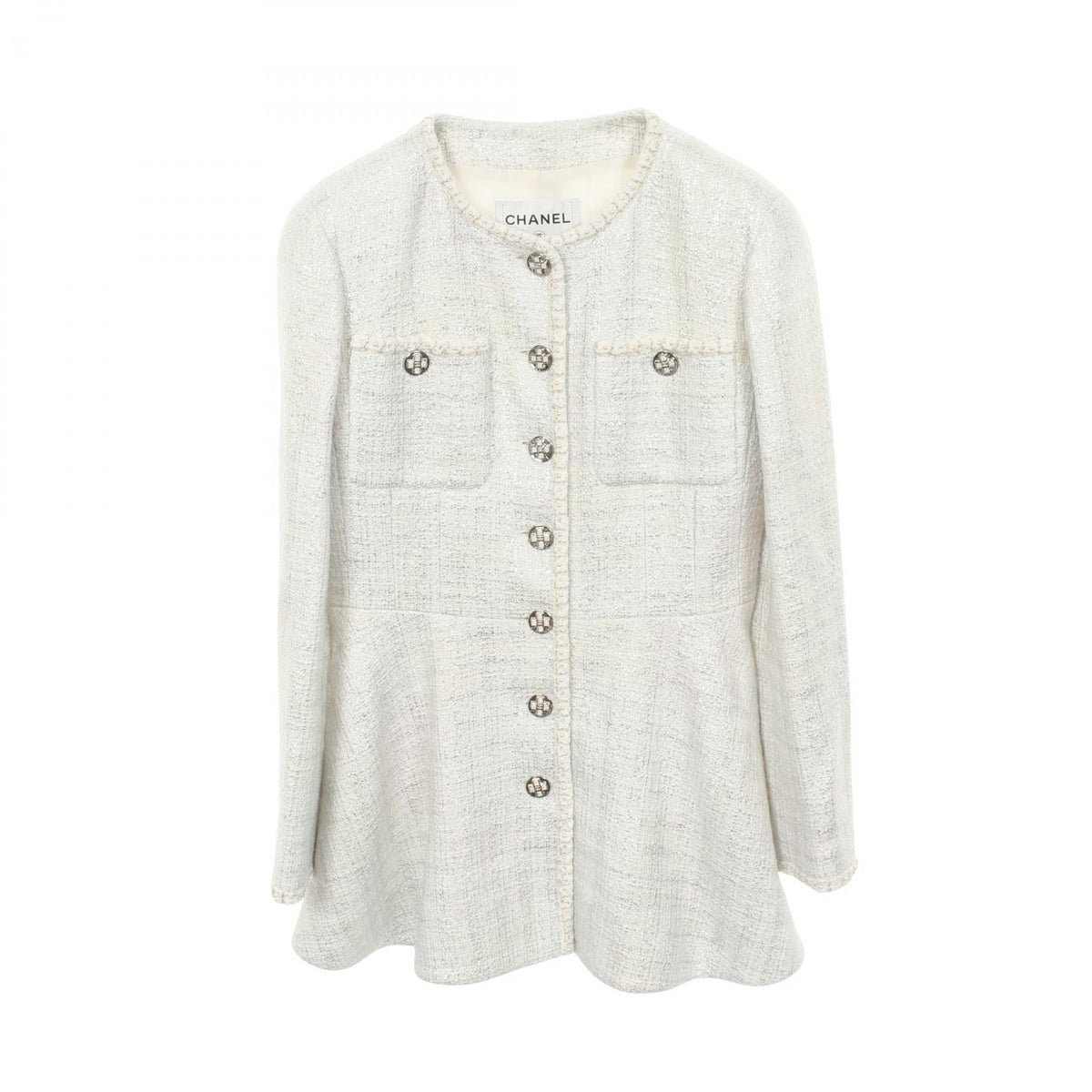 CHANEL CC Button Collarless Jacket Cotton White Size 38