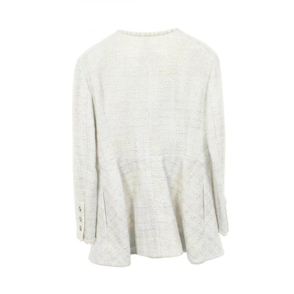 CHANEL CC Button Collarless Jacket Cotton White Size 38