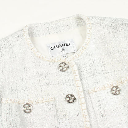 CHANEL CC Button Collarless Jacket Cotton White Size 38