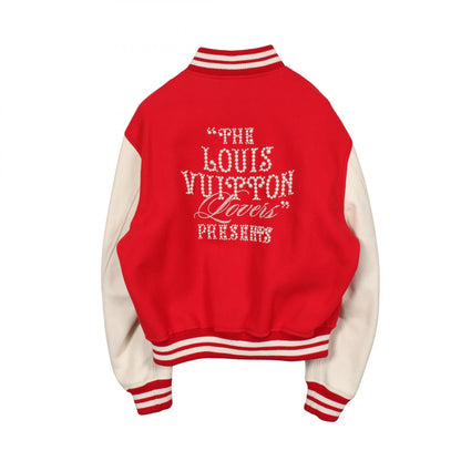 LOUIS VUITTON Mixed Leather Varsity Jacket Red Size 50