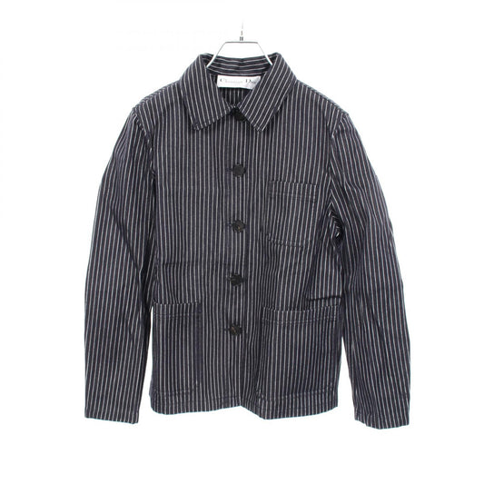 Dior BEE Embroidery Stripe Silk Cotton Up Blue Shirt Size 44