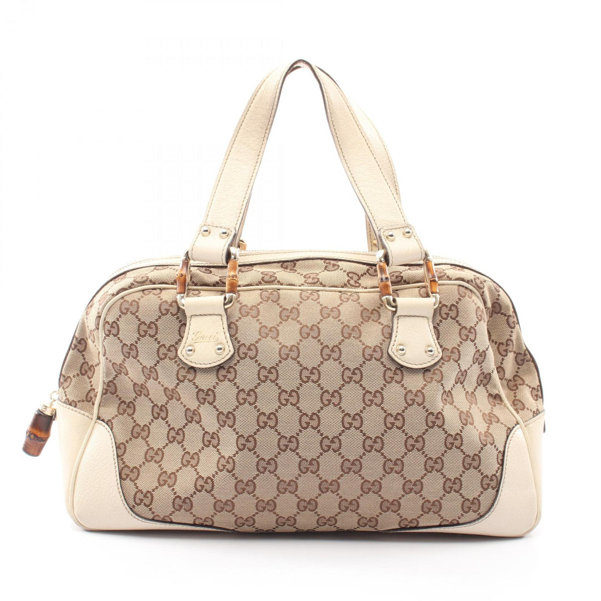 GUCCI Bamboo GG Canvas Leather Beige Ivory Tote
