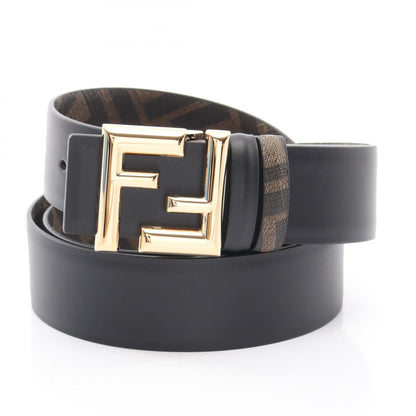 FENDI Round FF Zucca Reversible Belt Leather PVC Black Brown