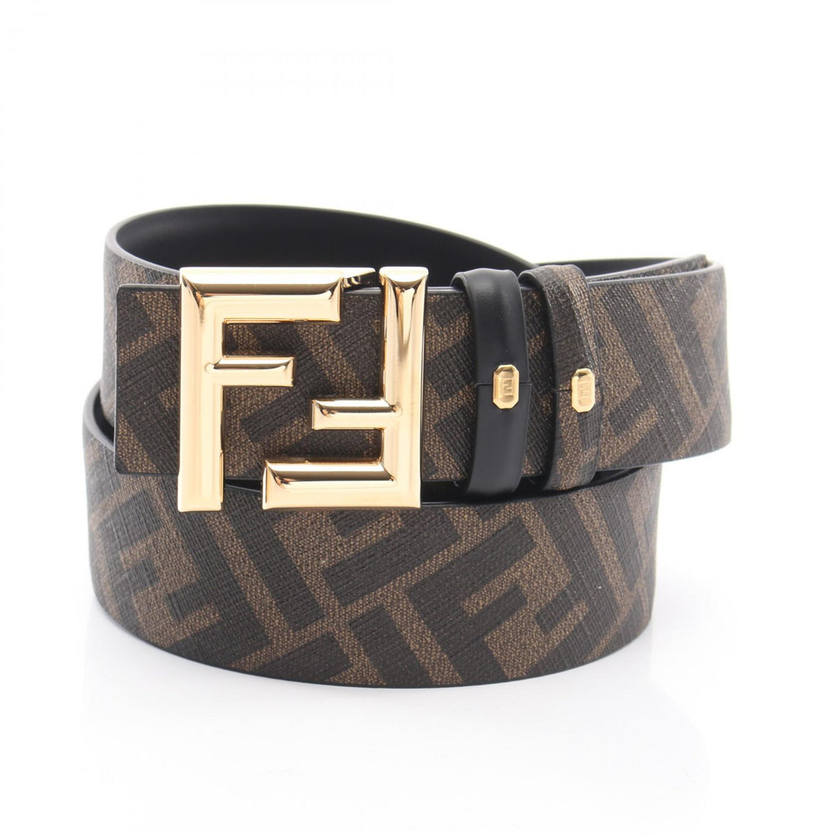 FENDI Round FF Zucca Reversible Belt Leather PVC Black Brown