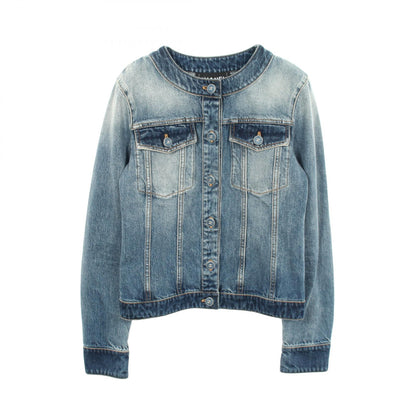 CHANEL Coco Button Collarless Denim Jacket Blue Size 36