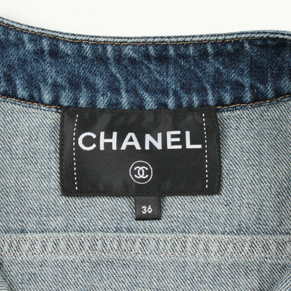 CHANEL Coco Button Collarless Denim Jacket Blue Size 36