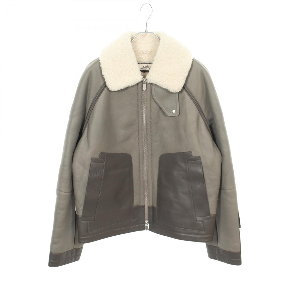 HERMES Shearling Leather Zip Jacket Green Size 52