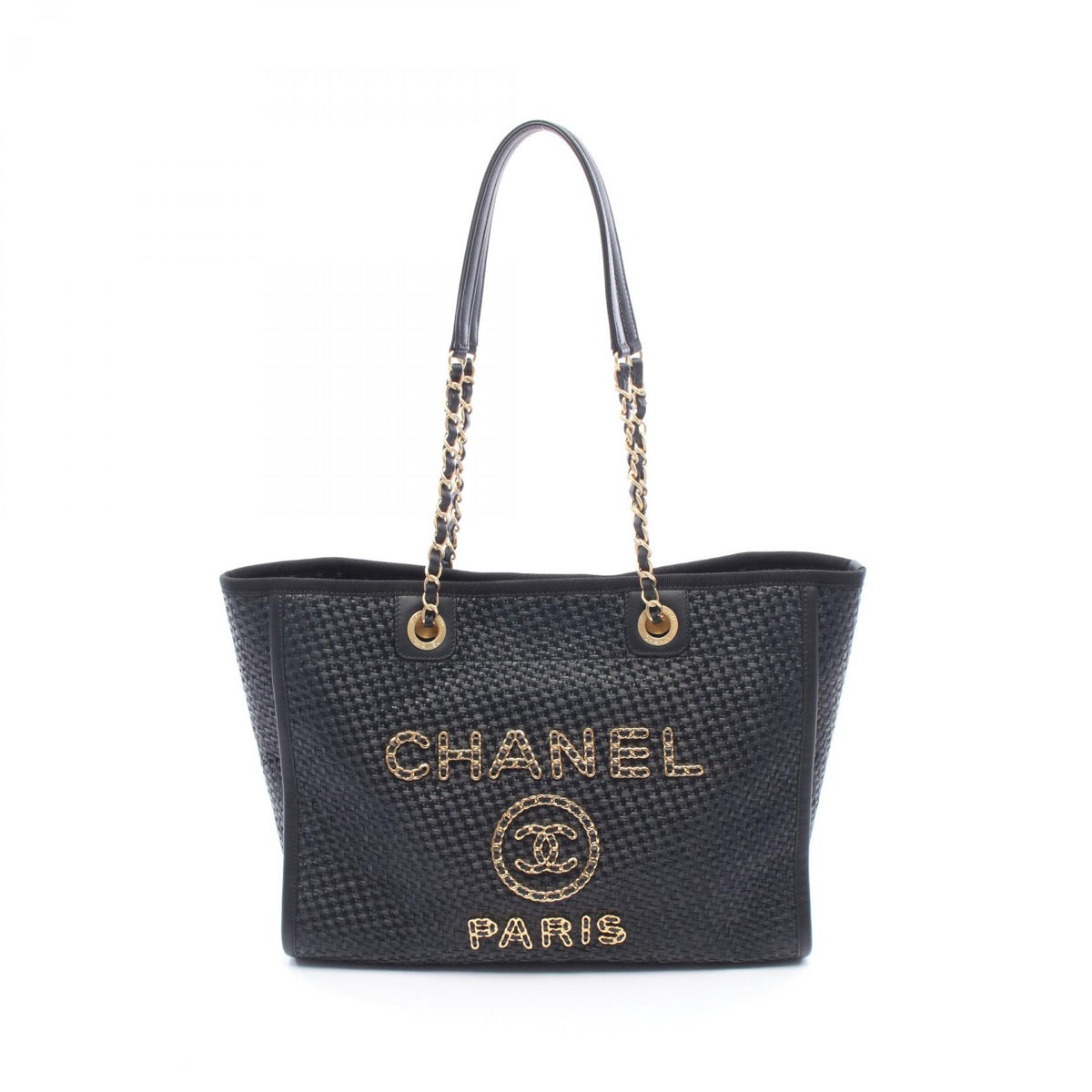 CHANEL Deauville Leather Straw Bag Black