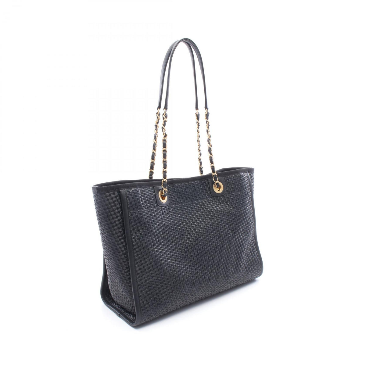 CHANEL Deauville Leather Straw Bag Black