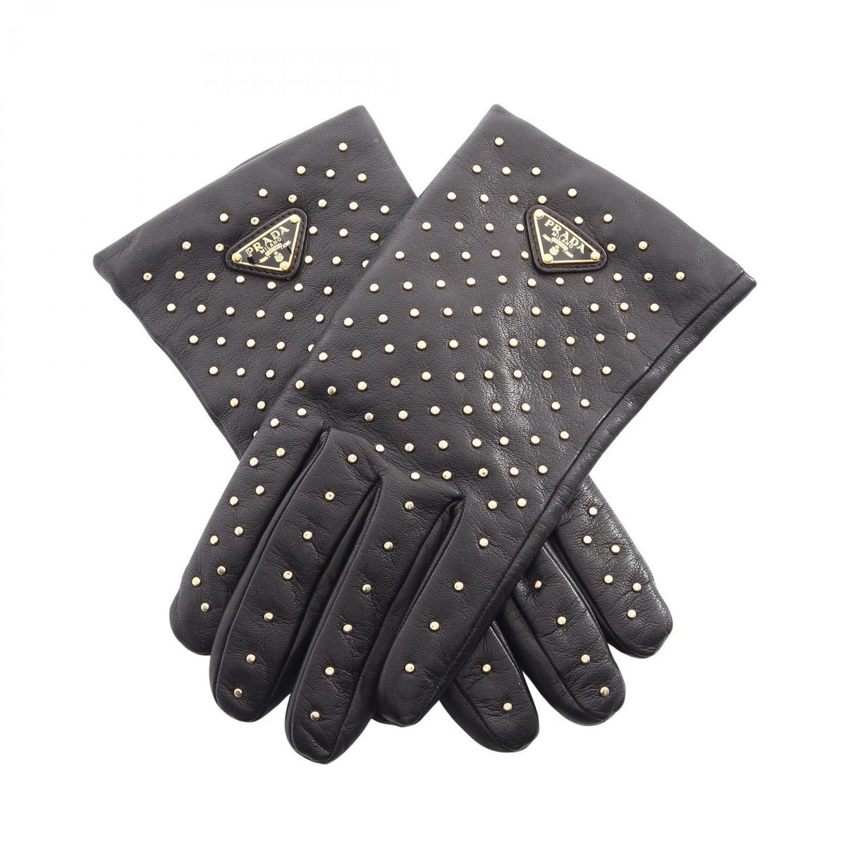 PRADA Triangle Plate Studded Lambskin Gloves Black Size 8