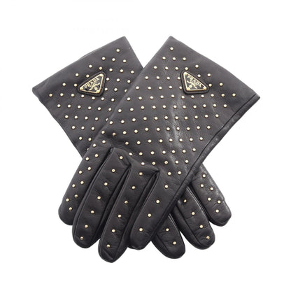 PRADA Triangle Plate Studded Lambskin Gloves Black Size 8