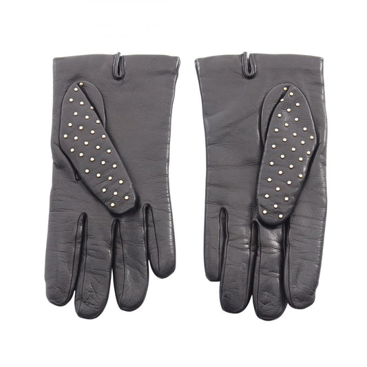 PRADA Triangle Plate Studded Lambskin Gloves Black Size 8