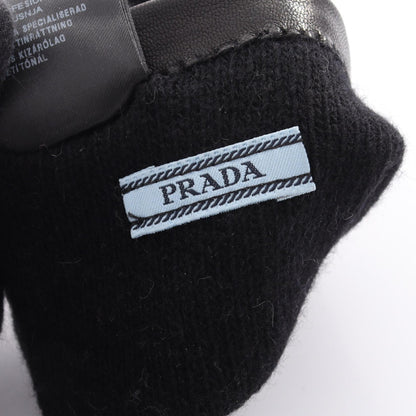 PRADA Triangle Plate Studded Lambskin Gloves Black Size 8