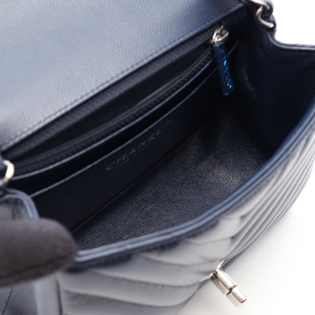 CHANEL Chevron V-Stitch Mini Caviar Navy Shoulder Bag