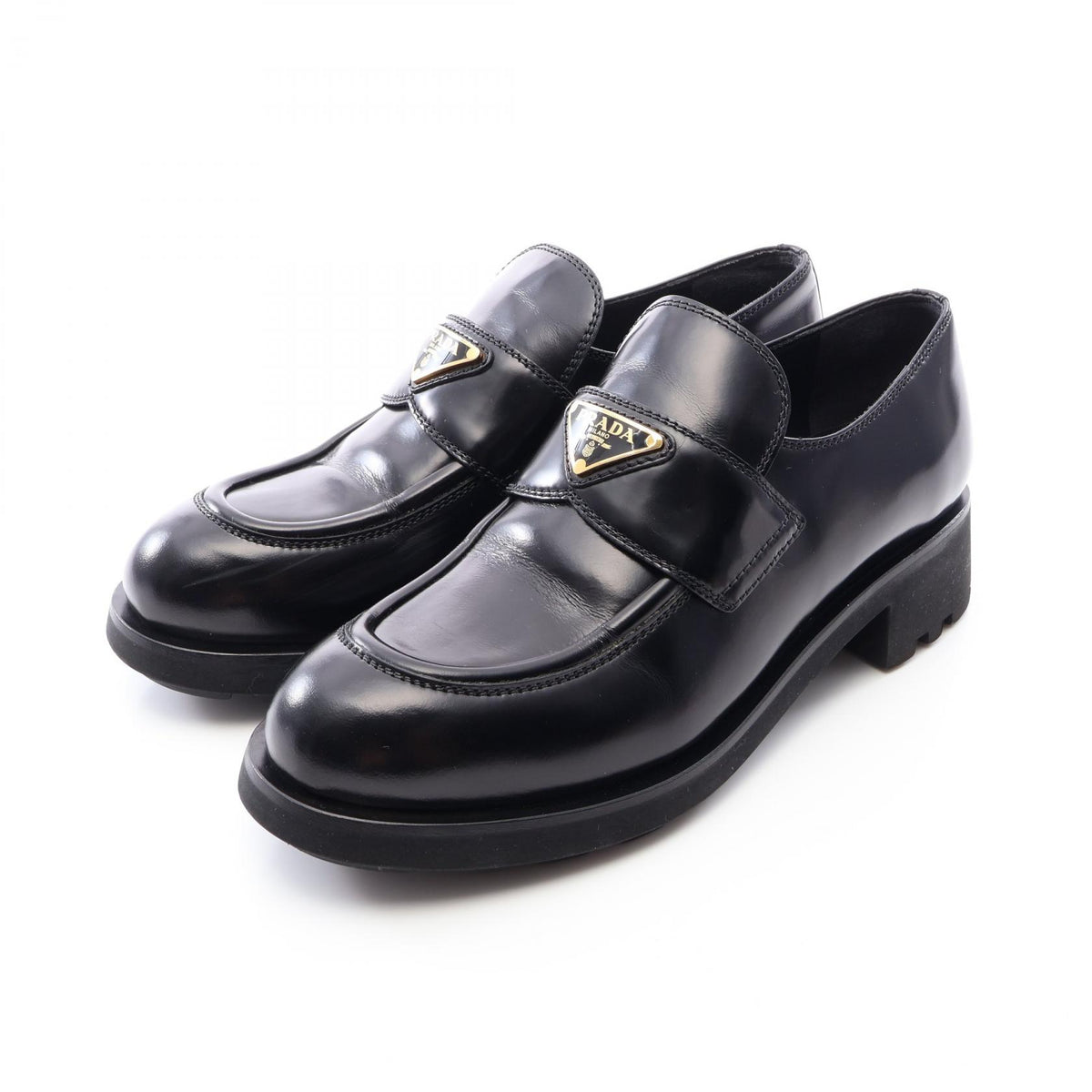 PRADA Triangle Plate Leather Loafers Black Size 40