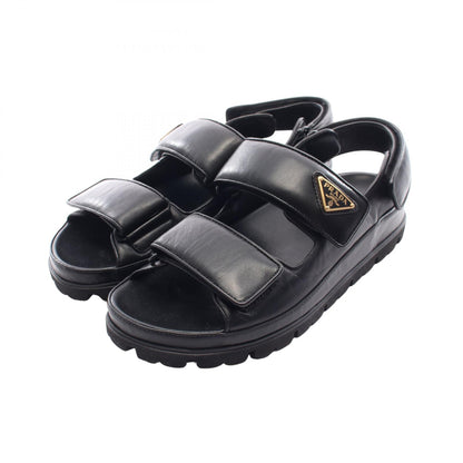 PRADA Triangle Plate Leather Sandals Black Size 38