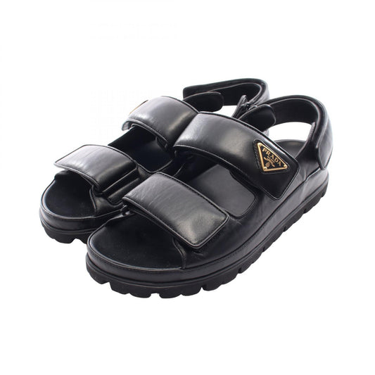 PRADA Triangle Plate Leather Sandals Black Size 38