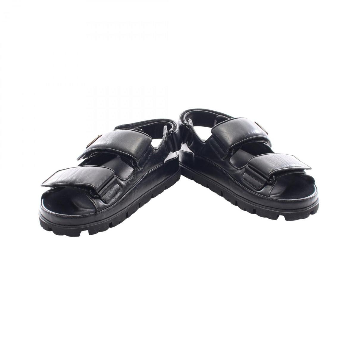 PRADA Triangle Plate Leather Sandals Black Size 38