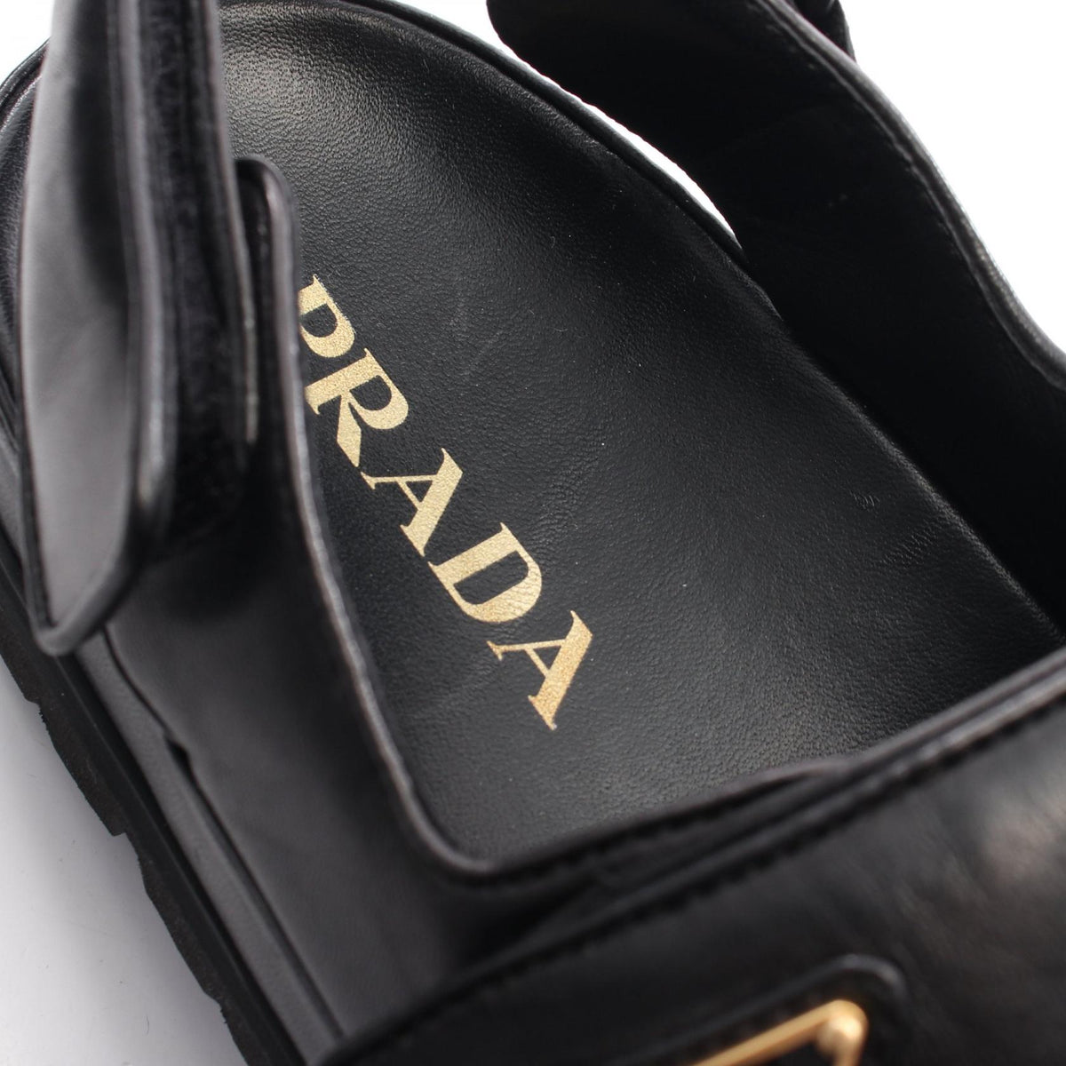 PRADA Triangle Plate Leather Sandals Black Size 38