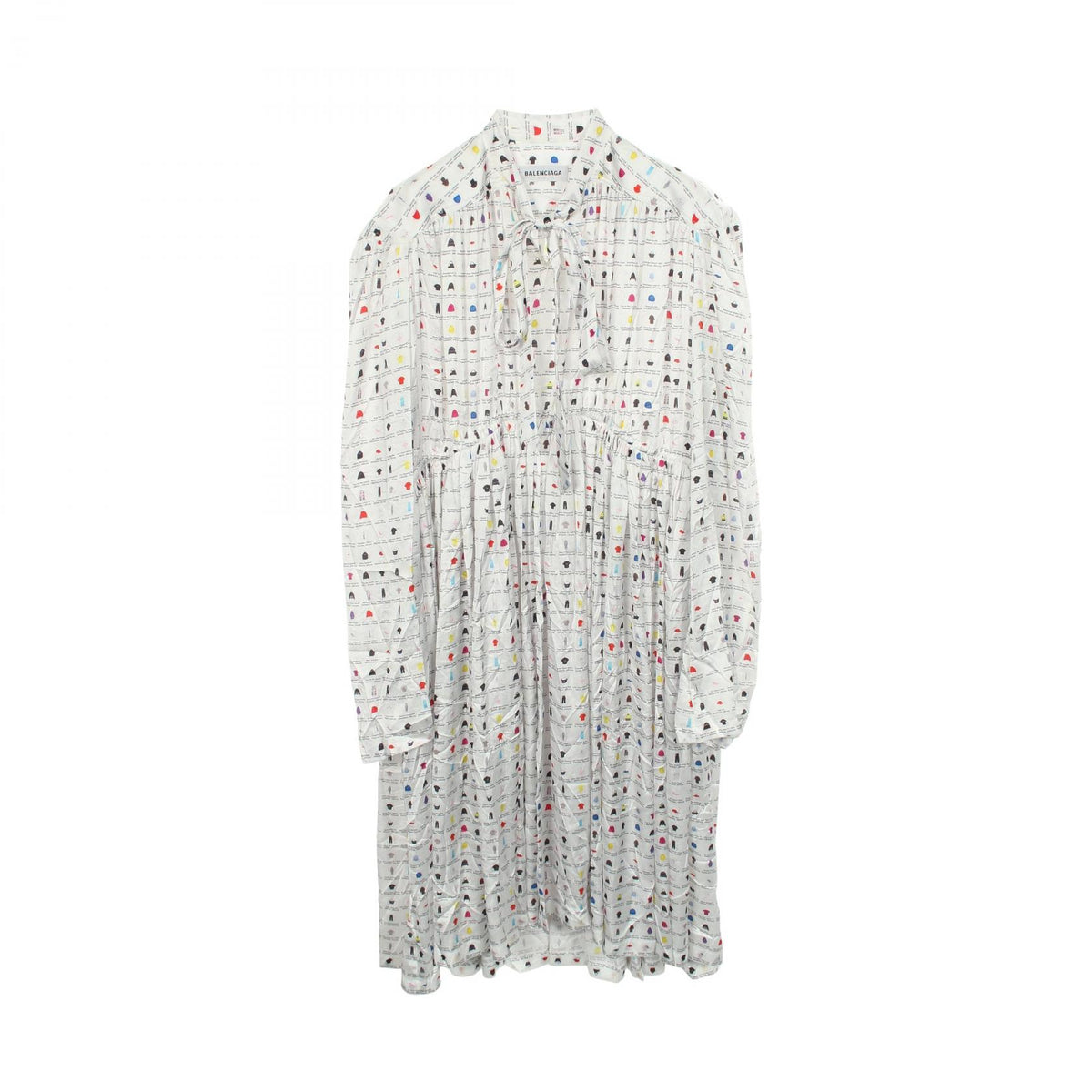 BALENCIAGA Graphic Ribbon Tie Long Sleeve White Multi Dress Size L