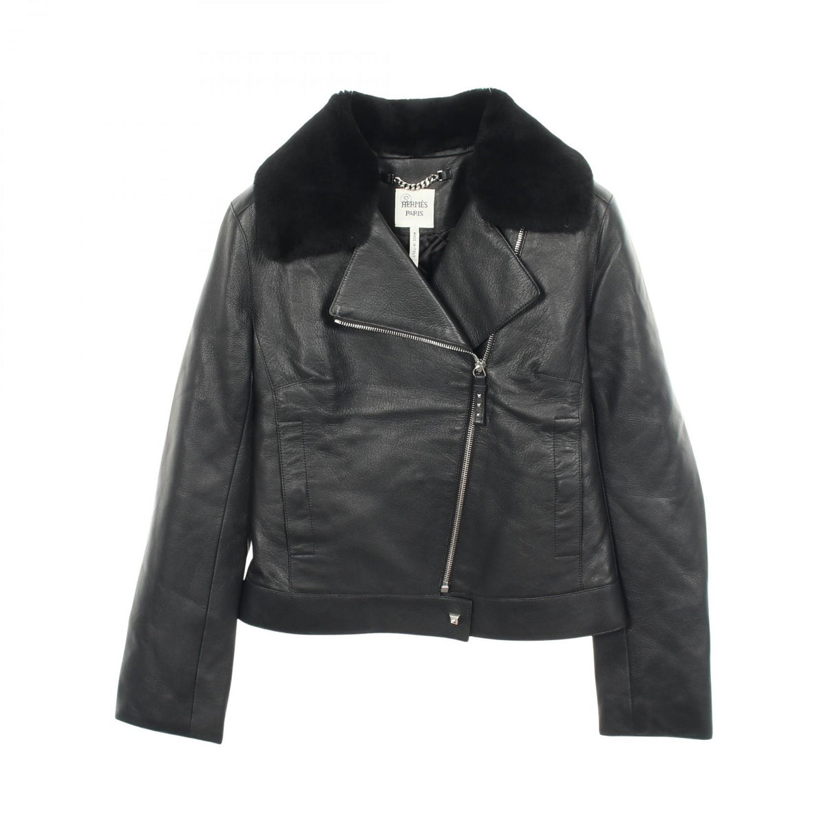 HERMES Padded Leather Moto Jacket Black Size 38