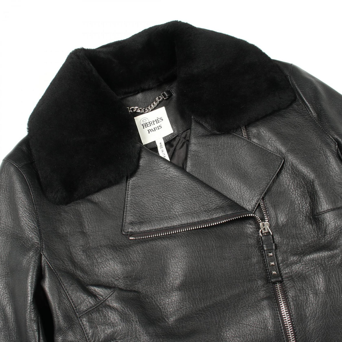HERMES Padded Leather Moto Jacket Black Size 38