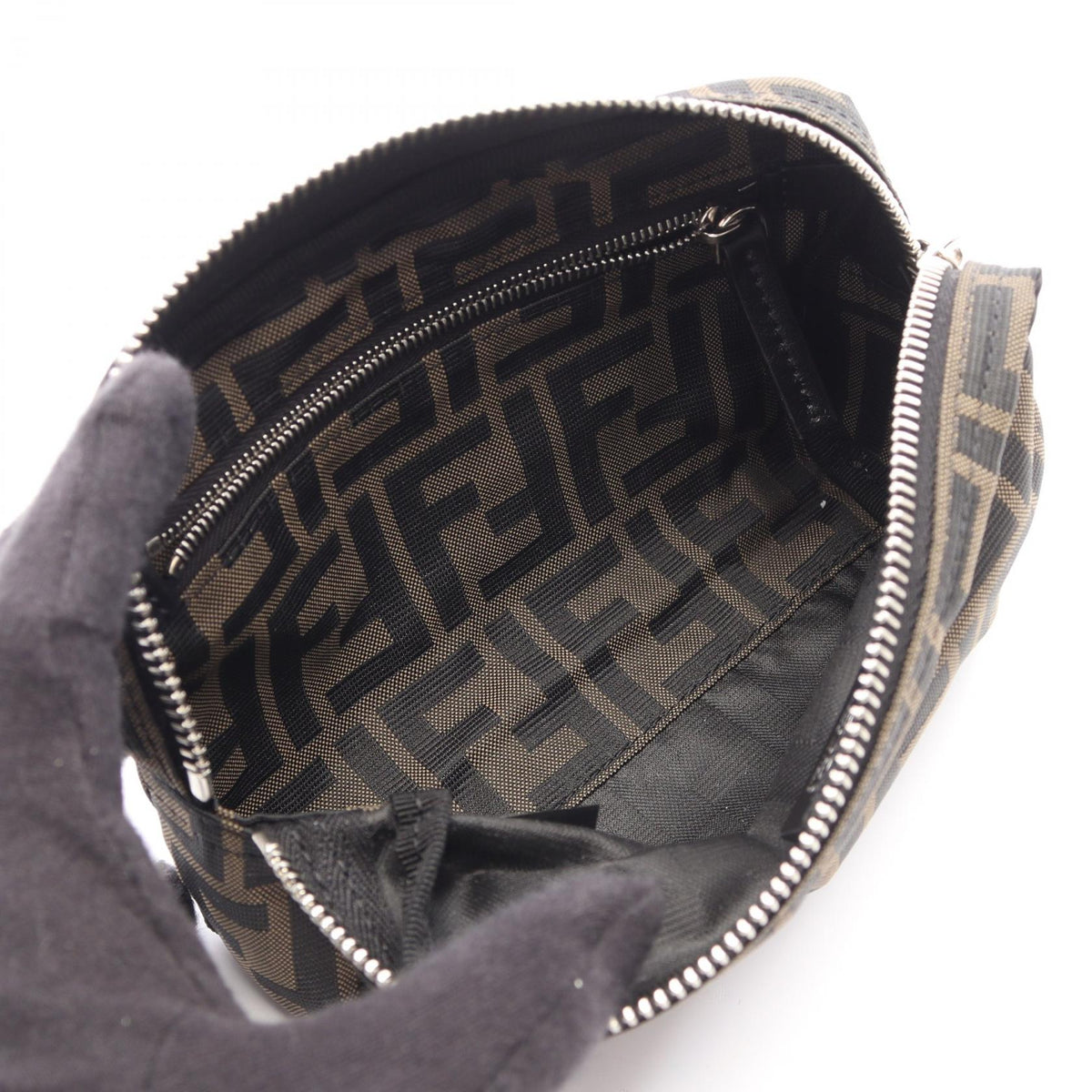 FENDI Zucca Canvas Leather Brown Black Pouch