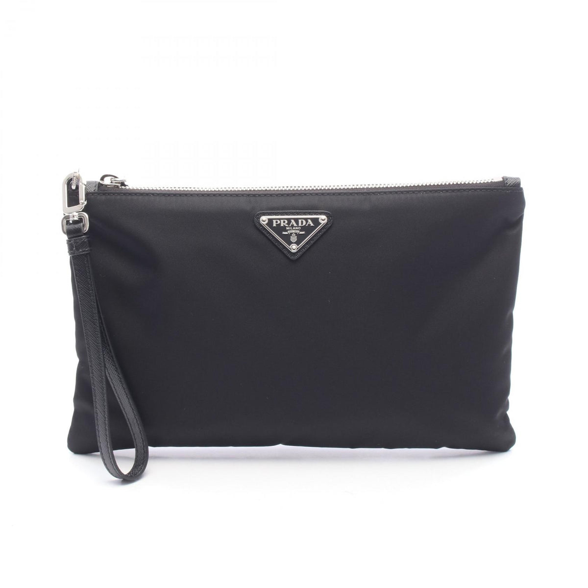 PRADA Triangle Logo Nylon Leather Clutch Bag Black