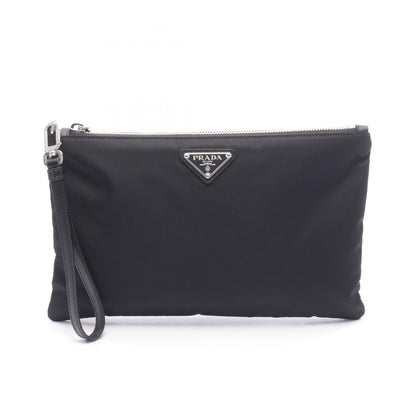 PRADA Triangle Logo Nylon Leather Clutch Bag Black