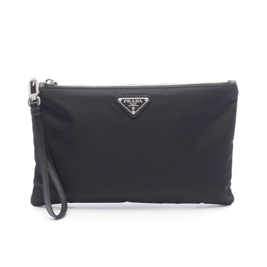 PRADA Triangle Logo Nylon Leather Clutch Bag Black