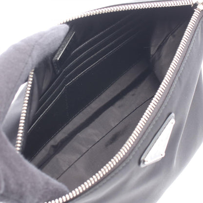 PRADA Triangle Logo Nylon Leather Clutch Bag Black