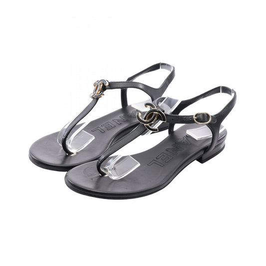 CHANEL Coco Mark T-Strap Leather Sandals Black Size 35