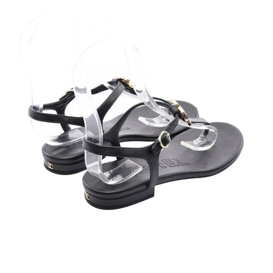 CHANEL Coco Mark T-Strap Leather Sandals Black Size 35