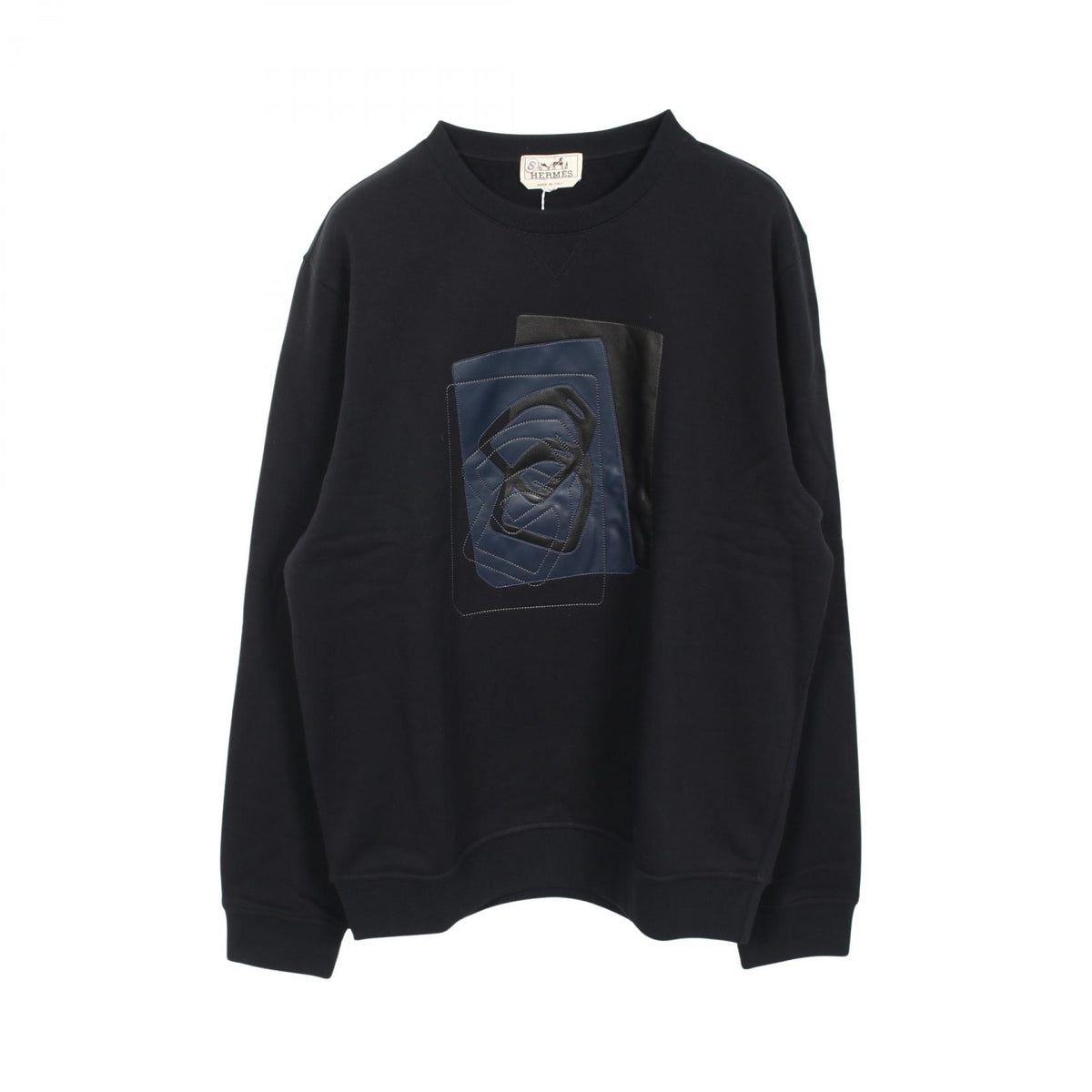 HERMES Navy Leather Patch Cotton Sweatshirt Size L