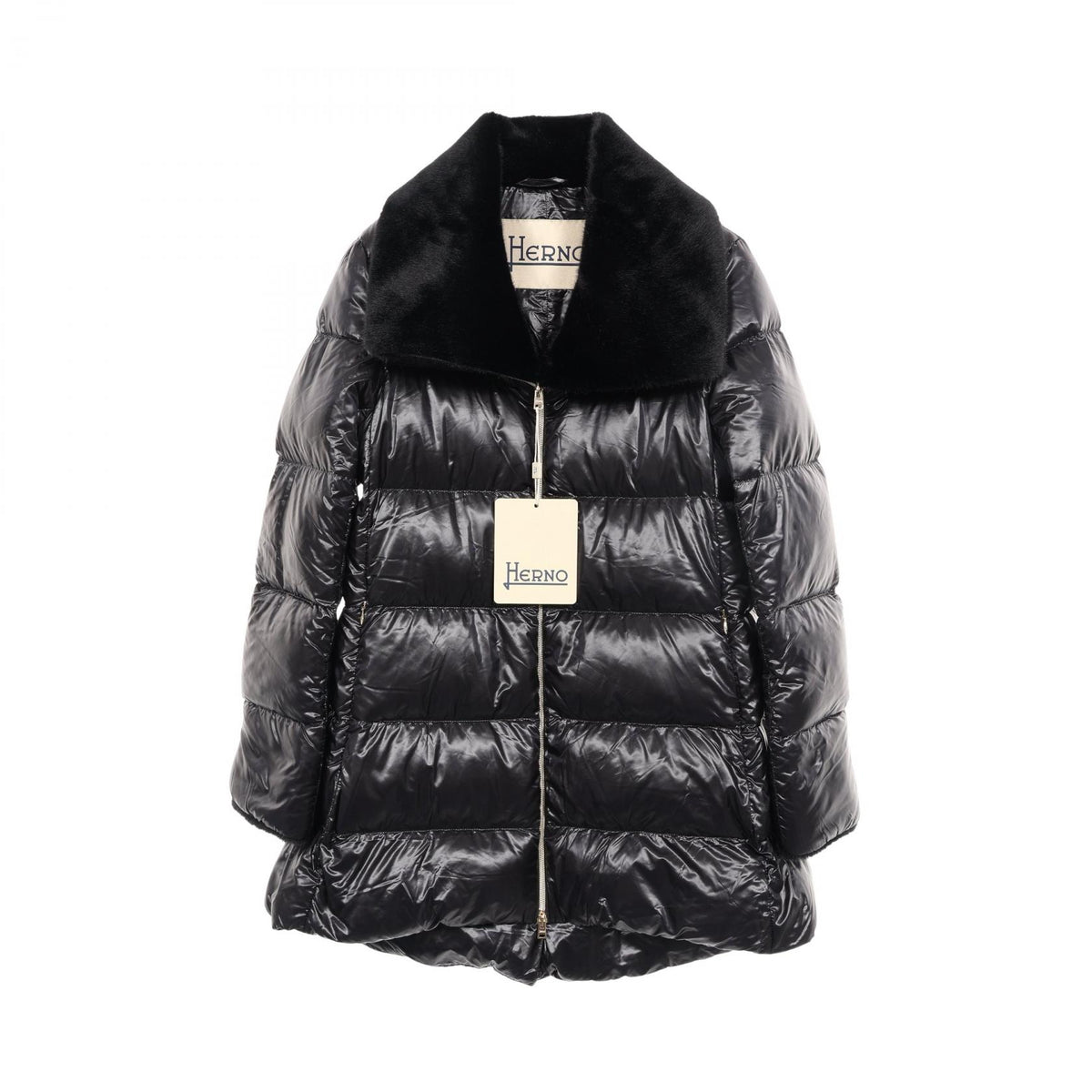 Herno Nylon Faux Fur Down Jacket Black Size 40