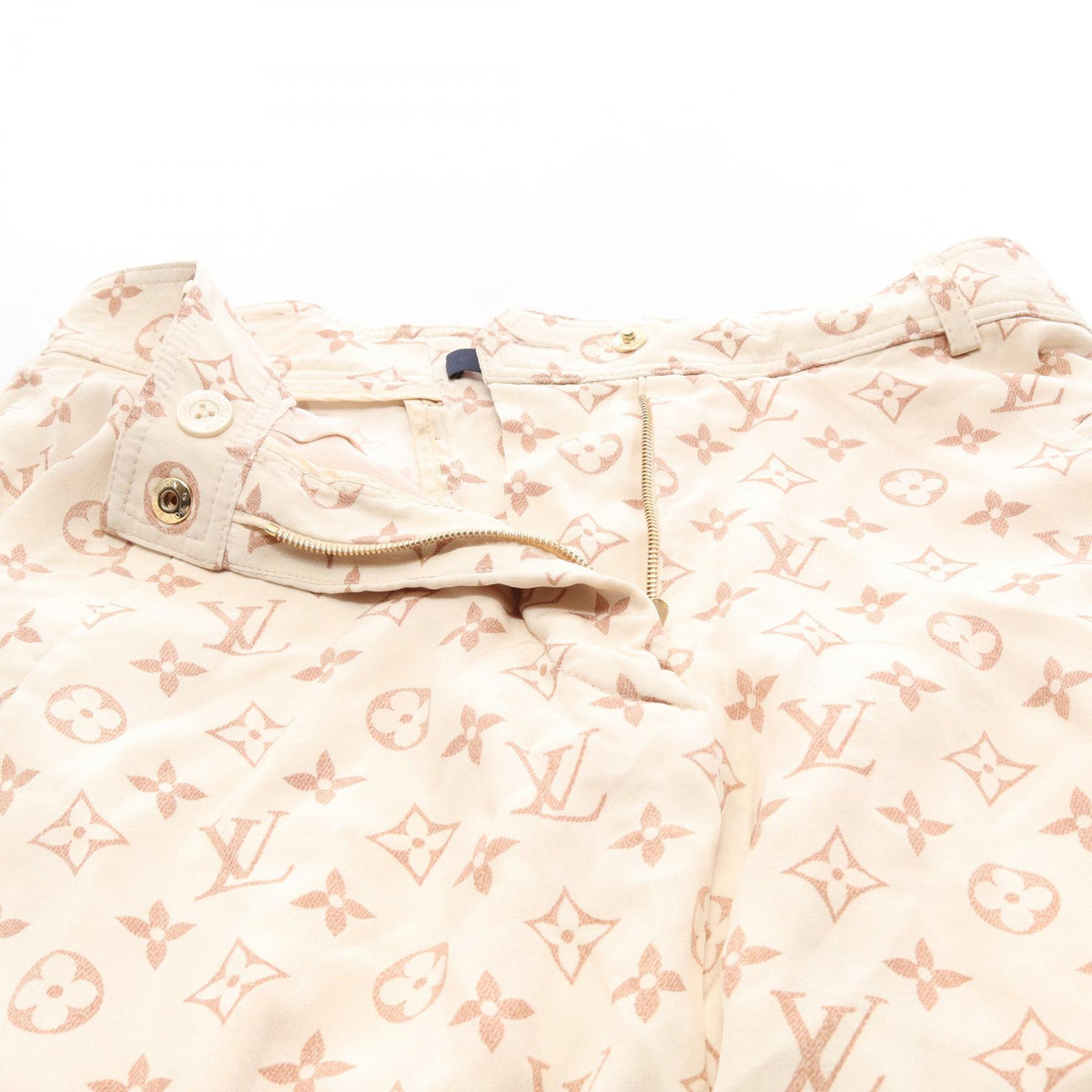 LOUIS VUITTON Monogram Silk Shorts Beige Pants Size 34