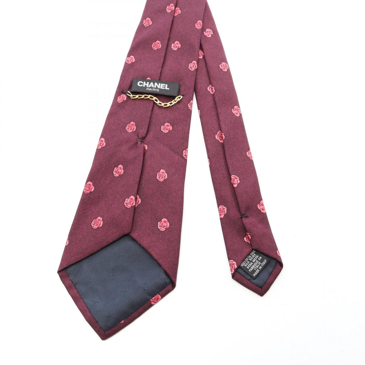 CHANEL Camellia Pattern Silk Tie Bordeaux