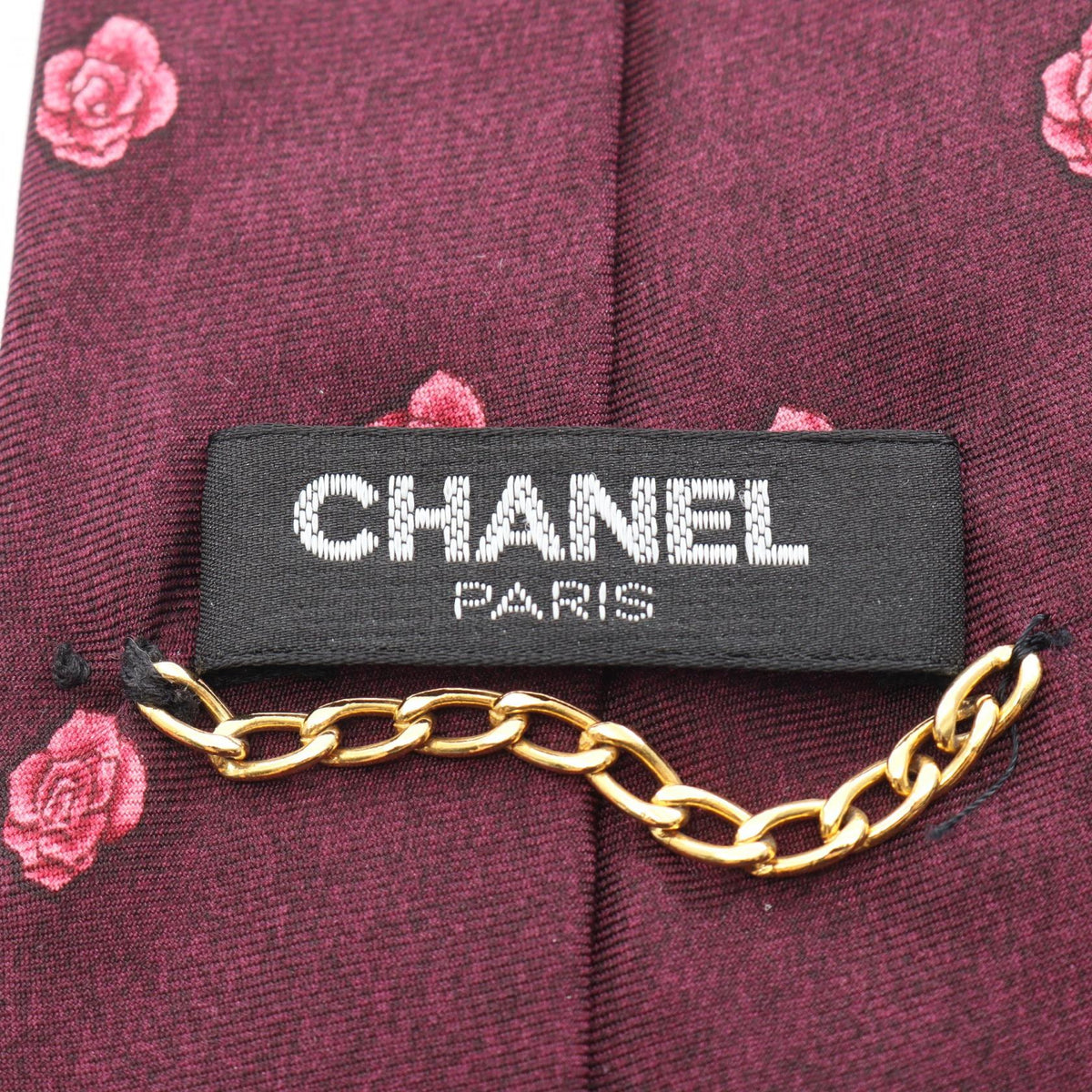 CHANEL Camellia Pattern Silk Tie Bordeaux