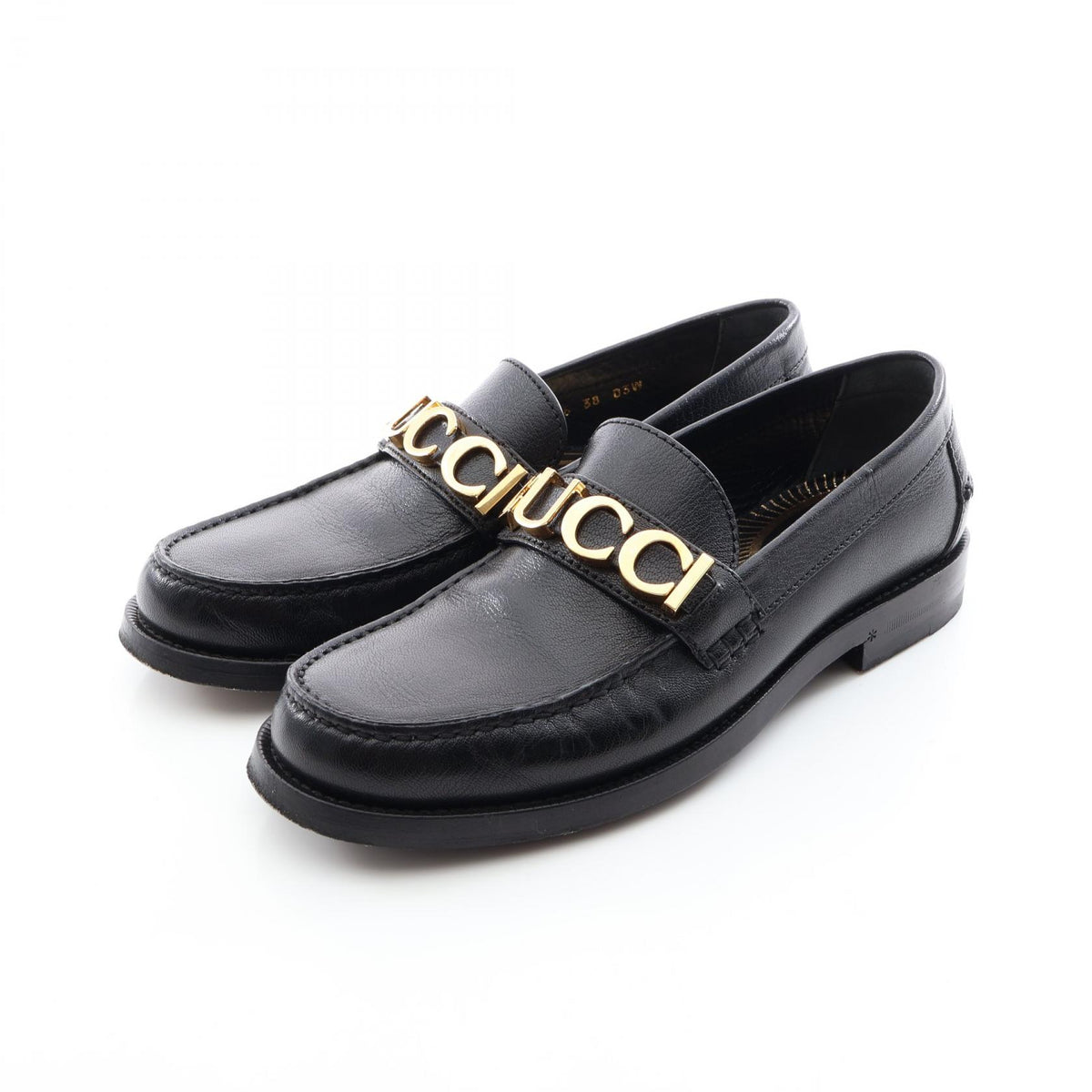 GUCCI Metal Logo Leather Loafers Size 38