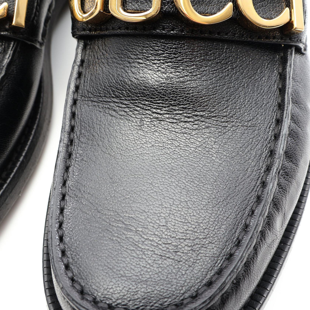 GUCCI Metal Logo Leather Loafers Size 38
