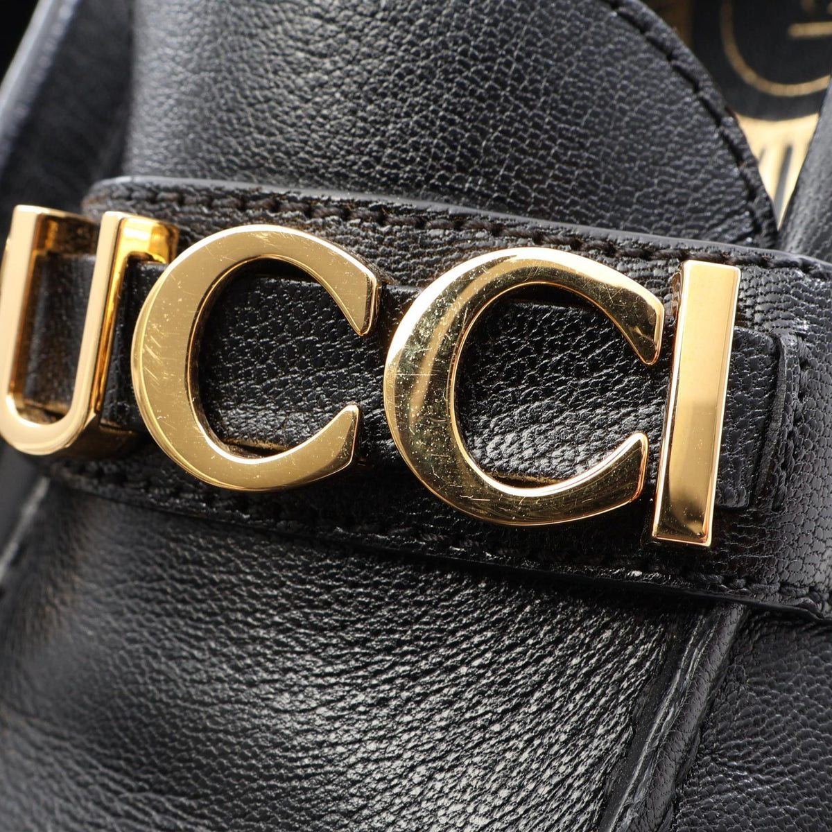 GUCCI Metal Logo Leather Loafers Size 38