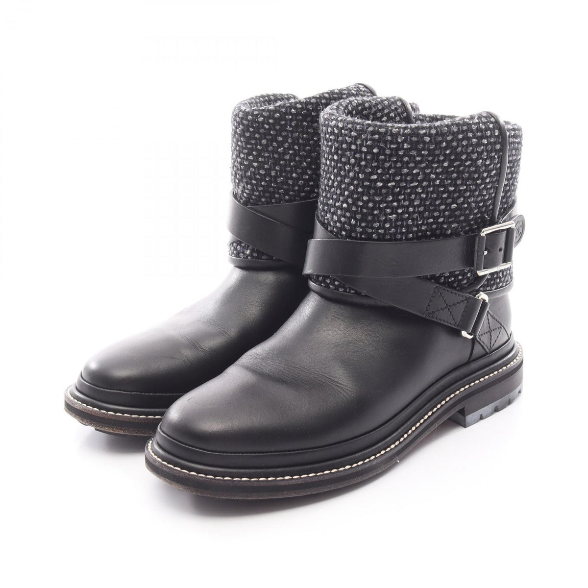 CHANEL Coco Mark Fabric Leather Boots - Black Size 37