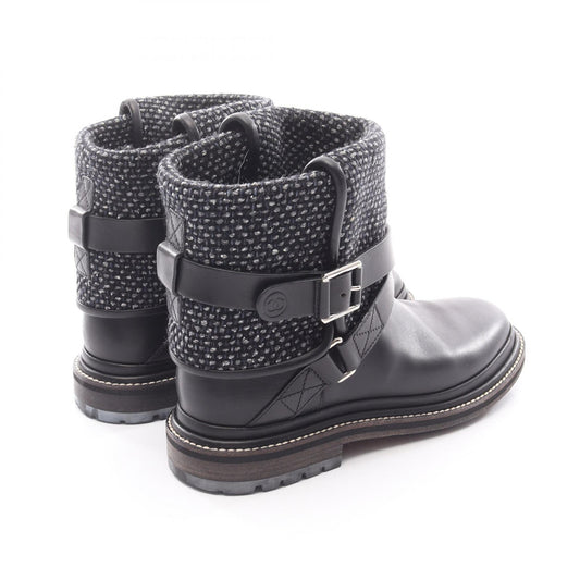 CHANEL Coco Mark Fabric Leather Boots - Black Size 37