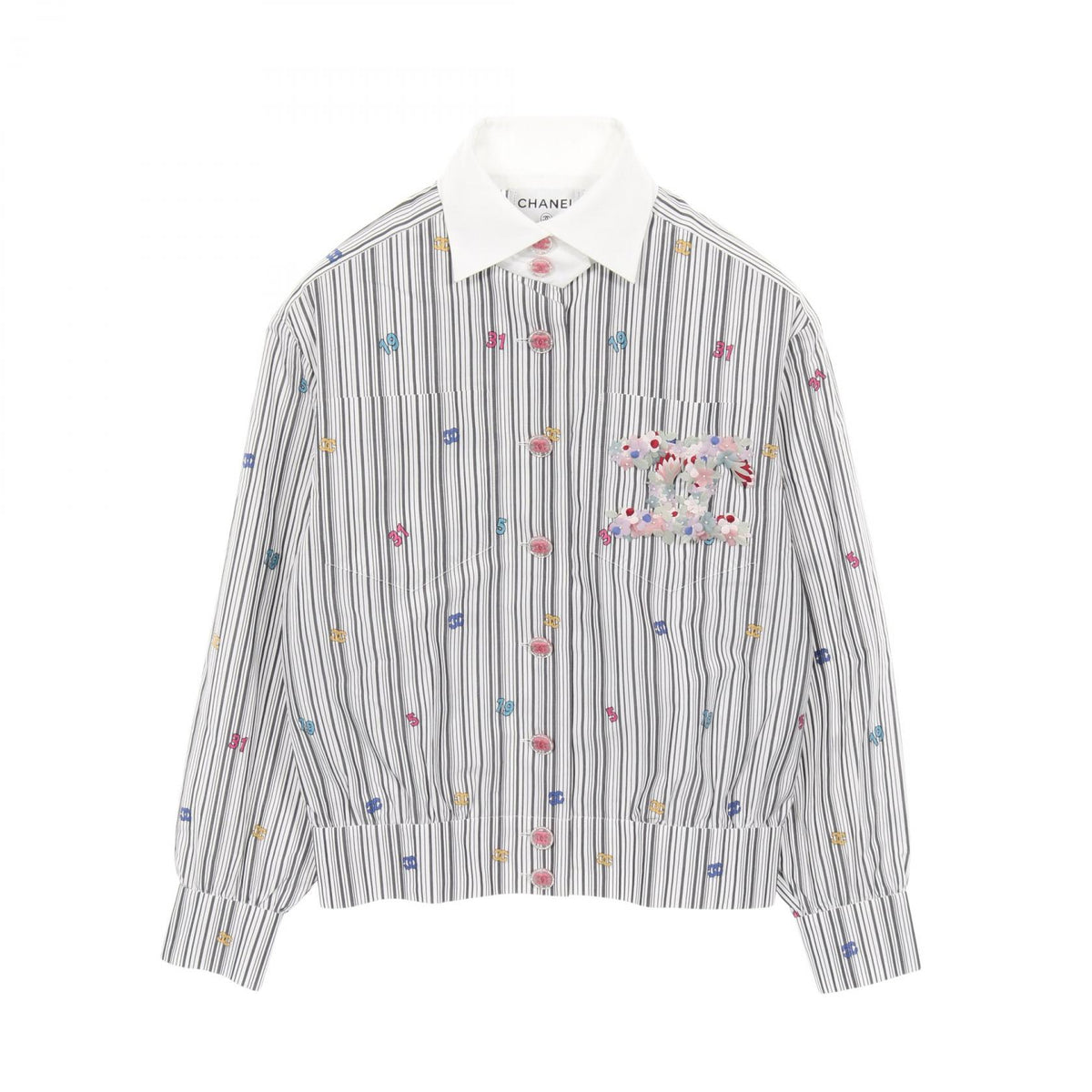 CHANEL Flower Coco Mark Striped Cotton Blouse Size 34