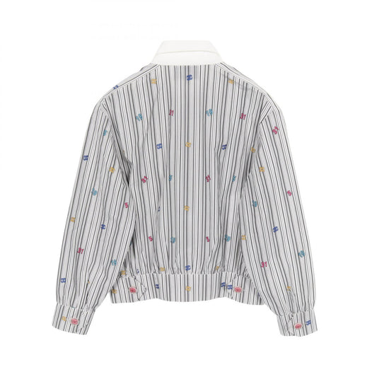 CHANEL Flower Coco Mark Striped Cotton Blouse Size 34